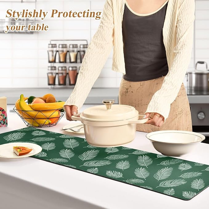 2-in-1 Table Runner Trivet for Hot Dishes Heat Resistant Hot Plate Mat Pad 39x12 Inch Waterproof Table Protector Trivets for Countertop Decorative Green Simple Palm Leaf