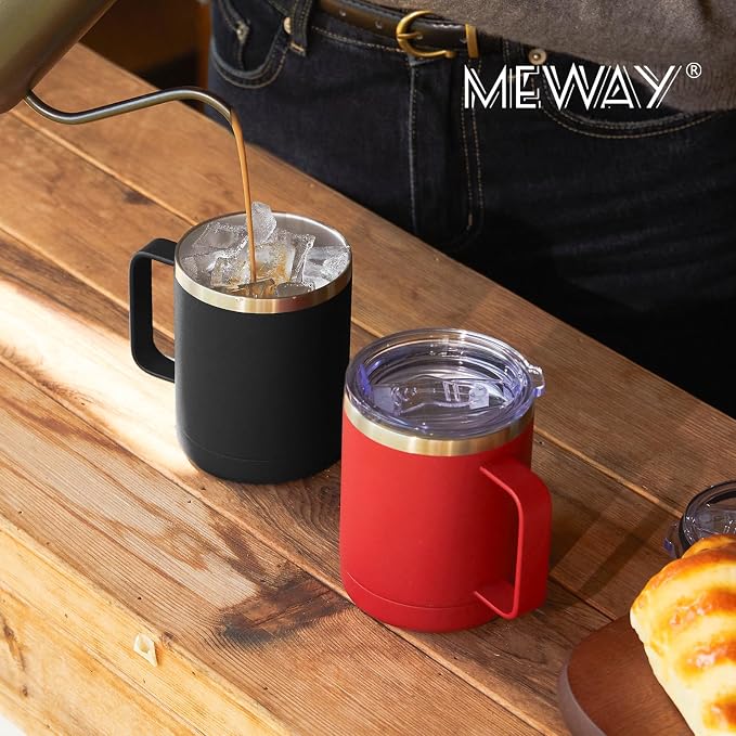 MEWAY 12oz Coffee Mug With Handle 8 Pack Bulk,Stainless Steel Insulated Travel Tumblers With Sliding Lid,Double Wall Vacuum Camping Cup for Hot & Cold Drinks Tea (Black, 8)