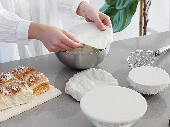 Reusable Fabric Bowl Covers for Bread Proofing - Washable, Dye-free, and All-Natural 100% Linen Cloth Bowl Covers for Bread Rising - Elastic Closure to Fit Multiple Bowl Sizes (1 XL, 1 L, 1 M, 1 S)