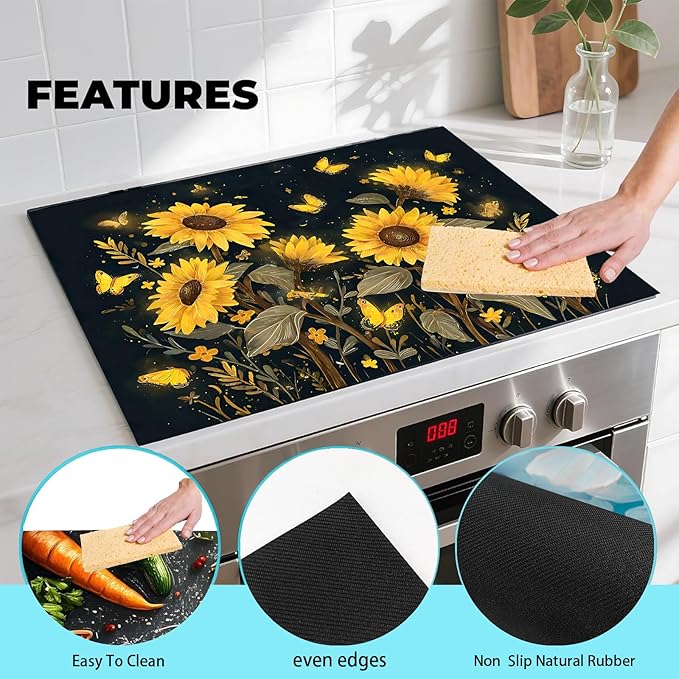Decorative Sunflower Stove Cover Mat for Electric and Glass Stovetops, Heat-Resistant Countertop Protector with Floral and Butterfly Waterproof Anti-Slip Kitchen Surface(28×20 Inches) (Sunflower)
