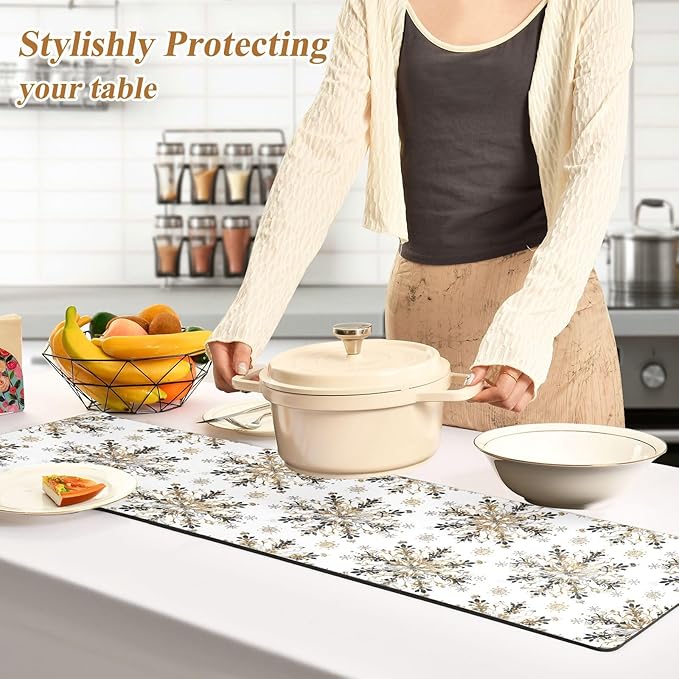 Christmas Trivet Table Runner 40 Inches Long Seamless Goldsnowflakes Heat Resistant Hot Pad Multi Purpose Mat for for Hot Pots Pans Kitchen Countertops