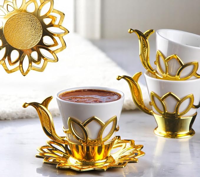 Alisveristime (Set of 6) Turkish Coffee Set with Porcelain Cups, Zamac Holders & Saucers – 80ml Capacity, Ottoman Motif, 4 Color Options (Gold)