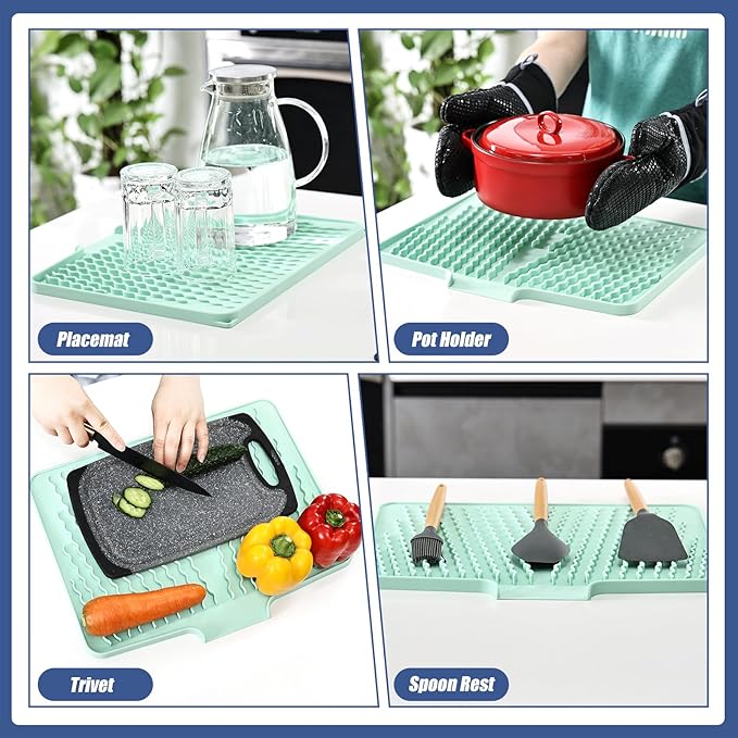 Silicone Dish Drying Mat for Kitchen Counter, Heat-resistant Dish Dryer Mat with Built-in Drain Lip ,Drain Pad Protects Surfaces Prevents Water Build UP (23.6" x 15.7", Mint-1pcs)