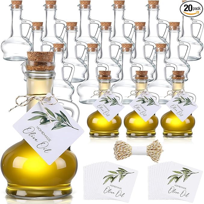 Vesici 20 Set Olive Oil Bottle with Stopper Mini Glass Oil Cruet Dispenser with Label Vinegar Bottle with Spout for Kitchen Salad Dressing Syrup Container for Wedding Baby Shower Favors(8.5 oz 2)
