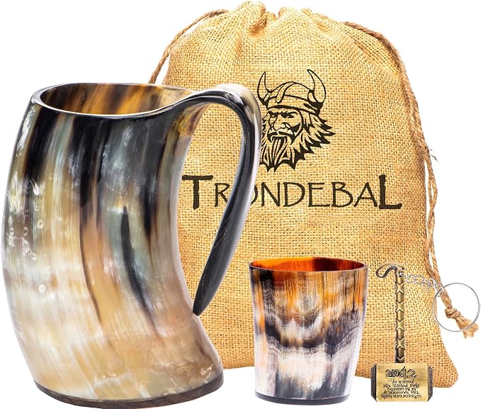 Trondebal Viking Drinking Horn Mug – 15-20 oz Authentic Ox Horn Beer Mug with Burlap Bag & Bottle Opener, Unique Gift for Men, Brother, Dad, Husband, Norse Tankard for Mead Ale & Whiskey