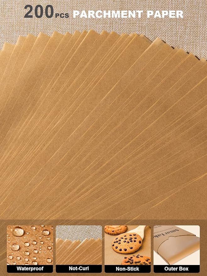 SMARTAKE 200 Pcs Parchment Paper Baking Sheets, 9x13 Inches Non-Stick Precut Baking Parchment, for Baking Grilling Steaming Bread Cup Cake Cookie and More (Unbleached)