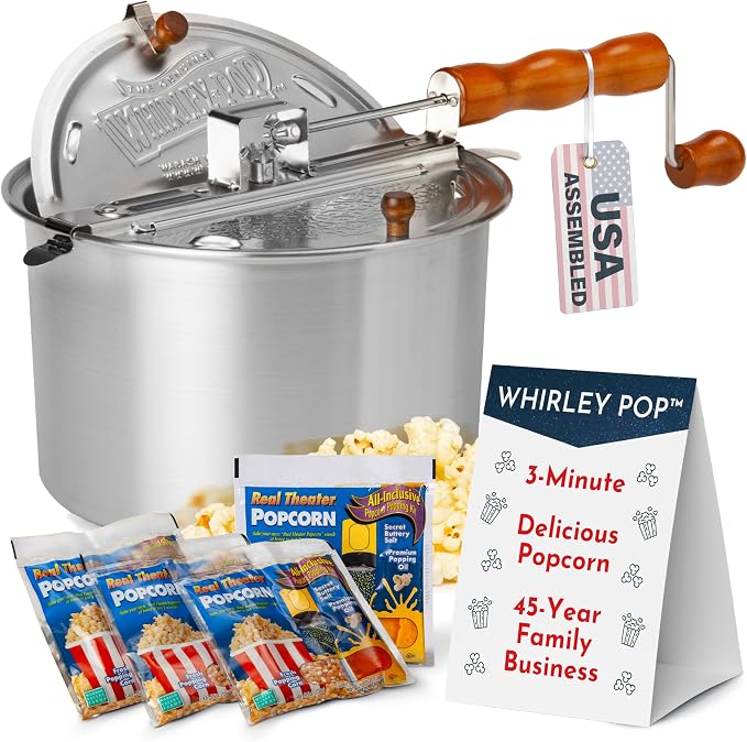 Original Whirley Pop Popcorn Maker - 6 Quart Stovetop Popcorn Popper With Four Popping Kits, Aluminum Popcorn Pot With Metal Gears, Wabash Valley Farms Stove Top Popcorn Maker, Popcorn Pan (Silver)