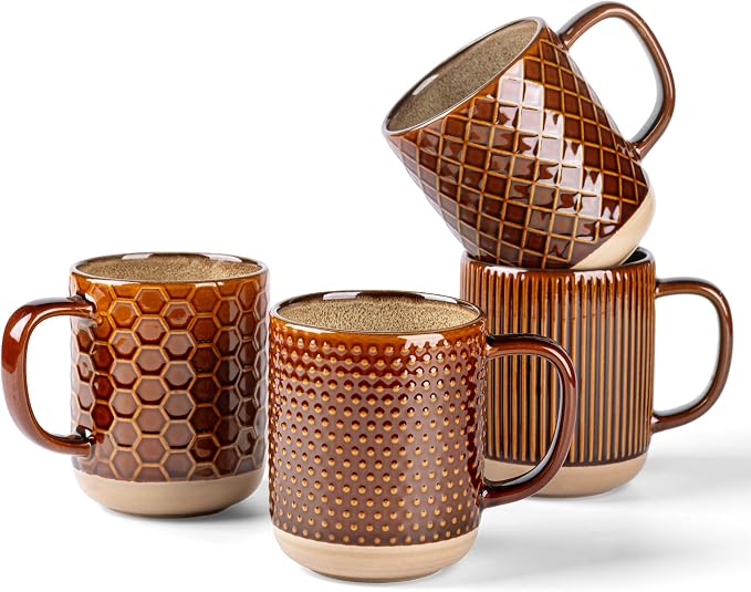 GBhome Large Coffee Mugs Set of 4, 16oz Handmade Stoneware Coffee Mugs Set with Large Handle for Cappuccino/Latte/Tea/Hot Cocoa, Dishwasher & Microwave Safe, Caramel