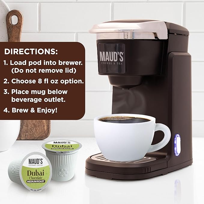 Maud's Dubai Chocolate Flavored Coffee Pods, 18 ct, Medium Roast Flavored Coffee in Recyclable Single Serve Pods – 100% Arabica Beans, Compatible with Keurig K Cups Maker