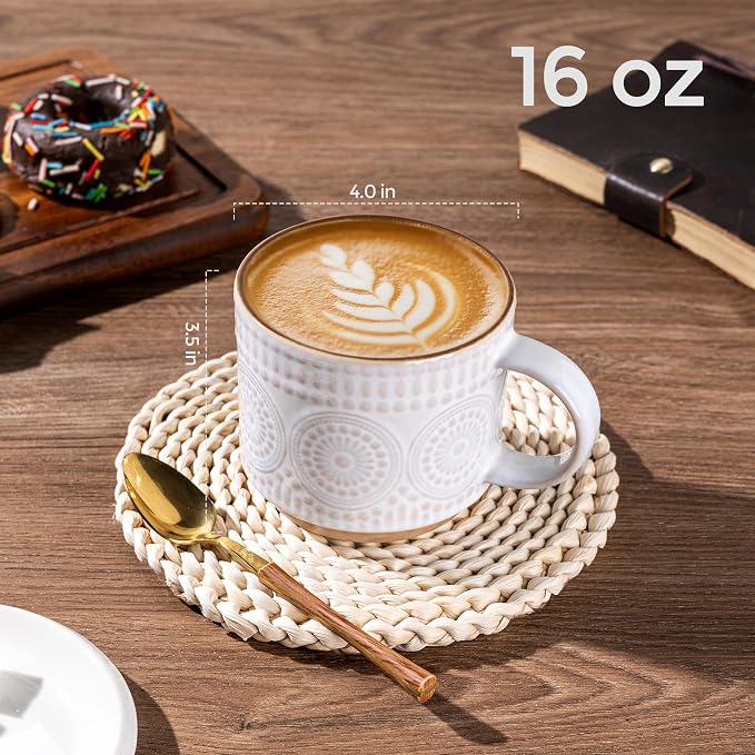 GBhome 16OZ Stackable Coffee Mugs, Ceramic Coffee Mugs with Texture Patterns for Man,Woman,Dad,Mom, Modern Coffee Mugs Set of 4 for Latte/Cappuccino/Cocoa. Dishwasher&Microwave Safe