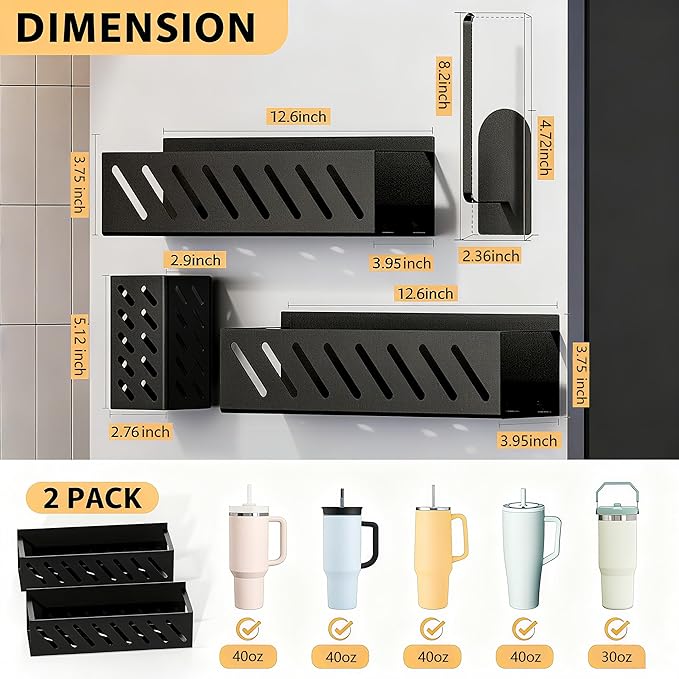 Magnetic Stanley Cup Organizer (2-Count) - Secure Fridge Mount for Full-Size 30/40 oz Tumblers with Lid & Straw Storage (6 Tumblers)