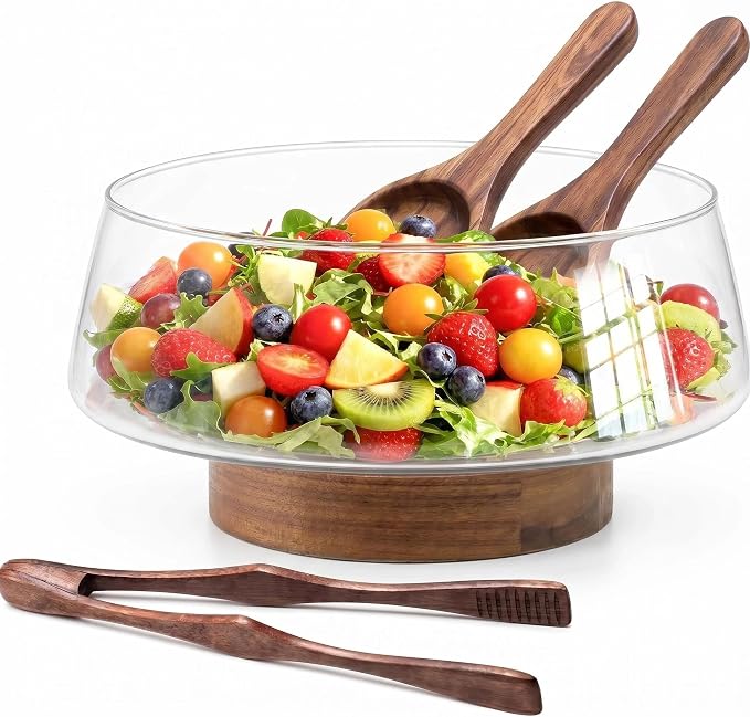 Buybai Extra Large Glass Salad Bowl Set - Party Salad Bowls with Acacia Wood Base and Serving Utensils - Kitchen Must-Have For Fruits Salad Dessert Bread Afternoon Tea Camping (Extra Large)
