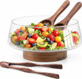 Buybai Extra Large Glass Salad Bowl Set - Party Salad Bowls with Acacia Wood Base and Serving Utensils - Kitchen Must-Have For Fruits Salad Dessert Bread Afternoon Tea Camping (Extra Large)