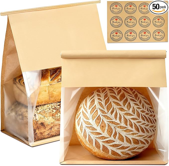 50 Pack Extra Large Paper Bread Bags for Homemade Bread Sourdough Bags, 13.7x10.6x5.5 Inches Resealable Tin Tie Tab Lock Bakery Loaf Bag with Window, Baked Goods Packaging for Gifting and Bake Sale