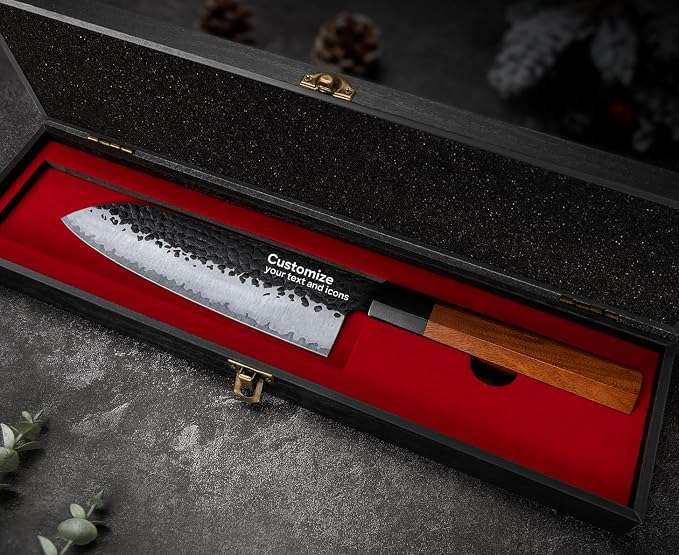 FAMCÜTE Engraved 7‘’ Japanese Santoku Knife, Hand Forged 5-Layer Steel Chef'Knife with Rosewood Handle, Memorial Gifts for husband, Ultra Sharp Kitchen Knife for Dad Birthday Gift (Luxury Wood Box)