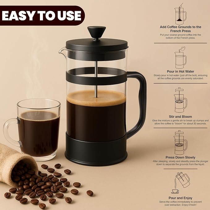 Utopia Kitchen Borosilicate Glass French Press Coffee Maker 21 Oz, Heat-Resistant Cafetiere & Tea Maker, Thickened Glass Coffee Press for Travel and Camping, Black