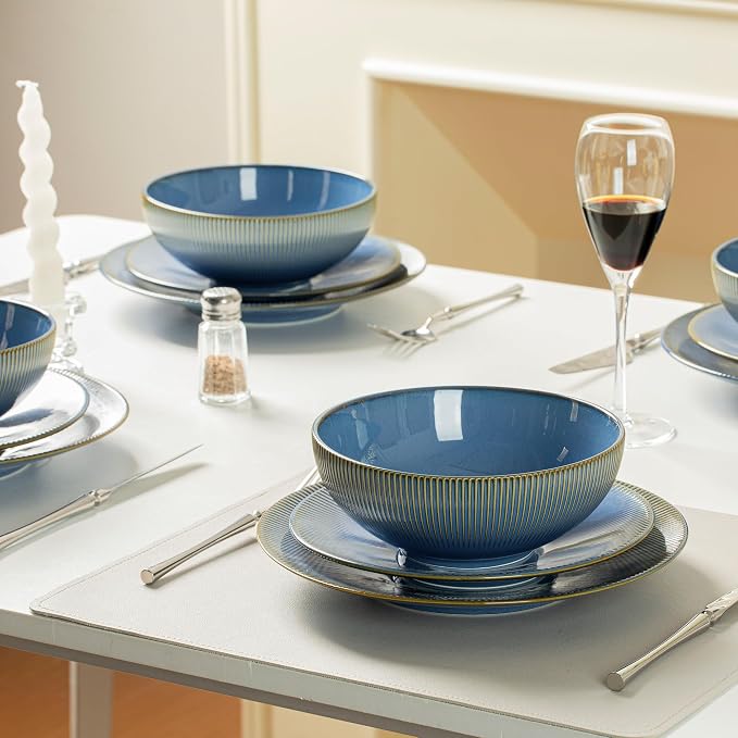 Dinnerware Sets for 4, 12 Piece Stoneware Plates and Bowls Sets, Ribbed Texture, Scratch Resistant Dish Set, Microwave and Dishwasher Safe, Blue
