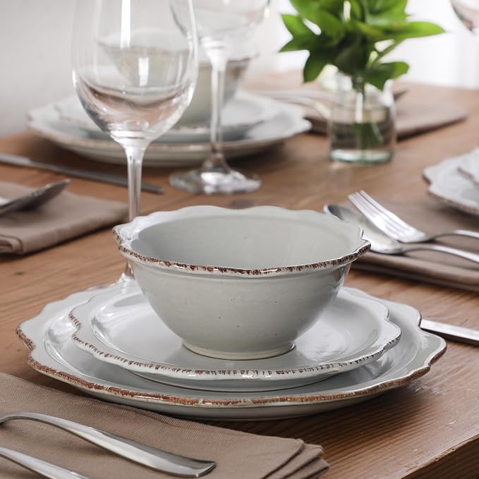 Gibson Elite Kennon Road Plates and Bowls Set, 12-Piece Dinnerware Set, White Scalloped Stoneware Dishes, Dinner Plates, Salad Plates & Cereal Bowls, Reactive Glaze