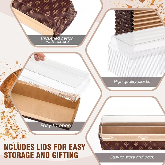 Sabary 50 Pcs Paper Baking Loaf Pan with Lids Disposable Paper Pans Mold for Christmas Winter Birthday Cake Bread Bakery Holiday Gifts(7.87 x 2.55 x 1.94 Inches)