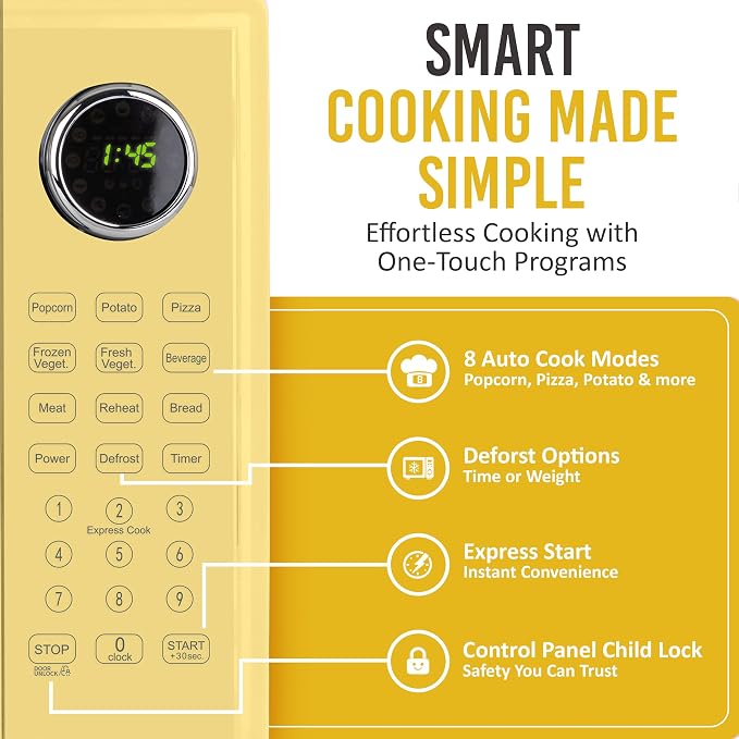 Nostalgia Modern Retro Compact Countertop Microwave Oven - 1.1 Cu. Ft. - 1000-Watts with LED Digital Display - Child Lock - Easy Clean Interior - Yellow