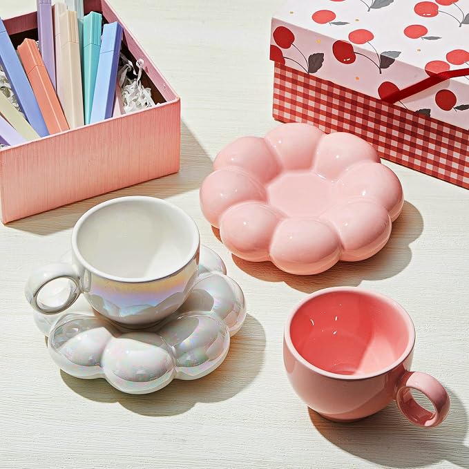 Tessco 2 Pieces Ceramic Coffee Cloud Mug Cup with Saucer, 7oz Cute Ceramic Mug with Coaster Set for Women Gift Home Office Tea Latte Milk Holiday, Pink and Pearl White(Sunflower)