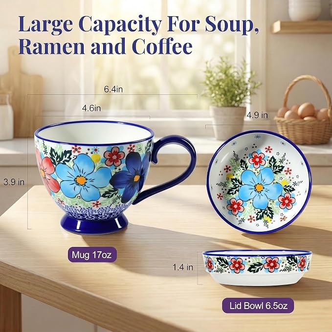 17oz Hand-Painted Ceramic Coffee Mugs with Handles & Lids | Decorative Soup or Tea Cup, Includes Saucer, Large Loop Handle, Microwave Safe, Fathers Day Dad Gifts from Daughter Son Wife