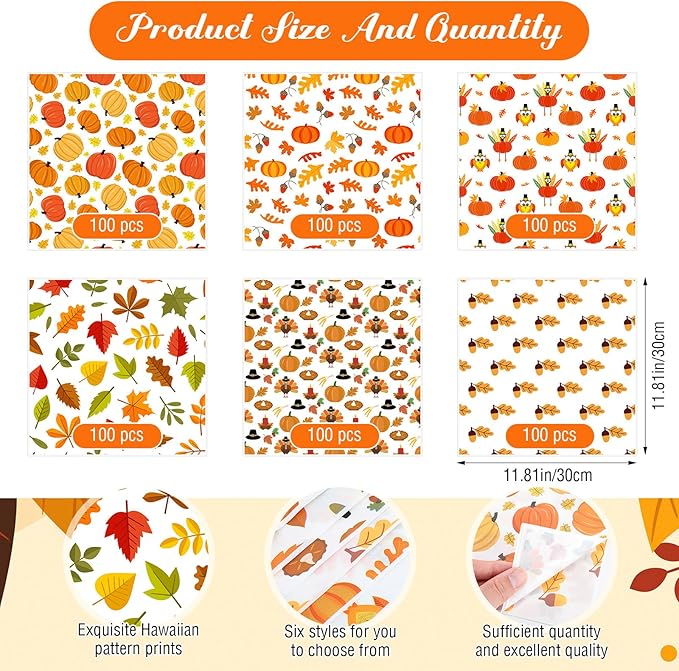 Reallnaive 600 Pcs Thanksgiving Theme Wax Paper Sheets 12 x 12 Inch Parchment Deli Tissue Paper Sandwich Wrapping Sheets Food Basket Liners for Kitchen Restaurant Baking Supplies, 6 Styles