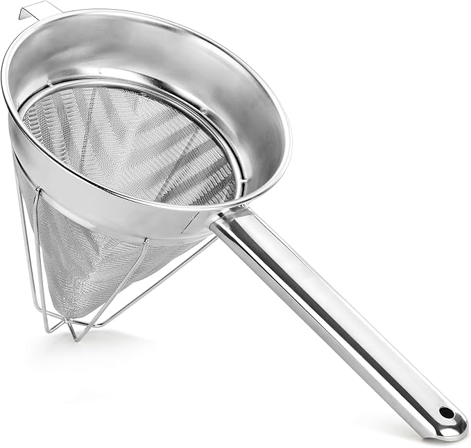 New Star Foodservice Reinforced Bouillon Strainer, 8-Inch, Fine Mesh, 18/8 Stainless Steel, Commercial Kitchen Strainer for Stocks, Sauces, Soups, and Purees