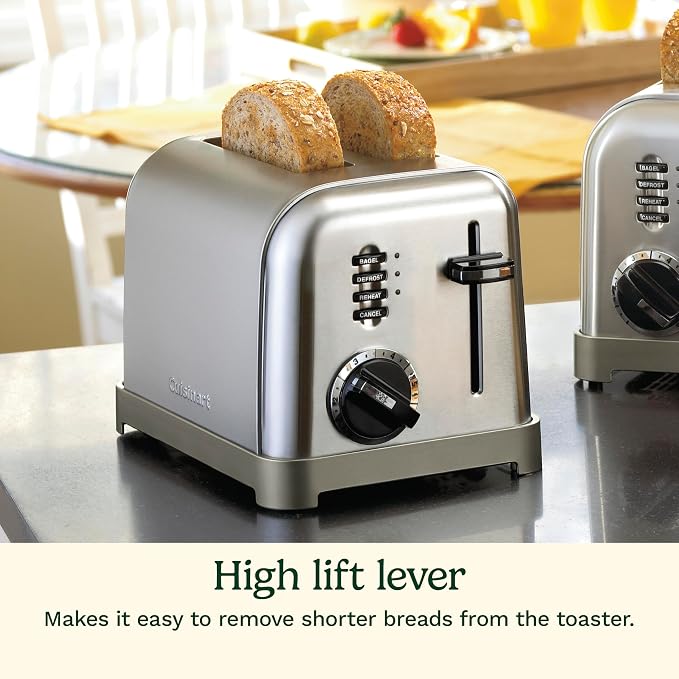 Cuisinart CPT-160P1 Metal Classic 2-Slice Toaster, Brushed Stainless Steel, 6 Shade Settings, 1.5" Wide Slots for Bagels & Bread, Defrost/Reheat Functions, Extra-Lift Lever, Slide-Out Crumb Tray