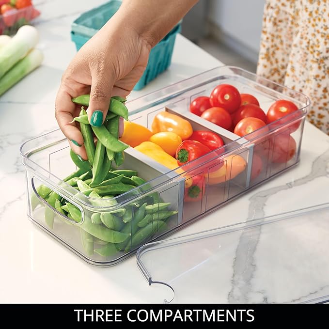 iDesign Recycled Plastic Crisp Large Divided Fruit and Vegetable Storage with Easy to Grip Integrated Handles Designed to Keep Food Fresh Longer, 14. 82" x 6. 32" x 3. 76"