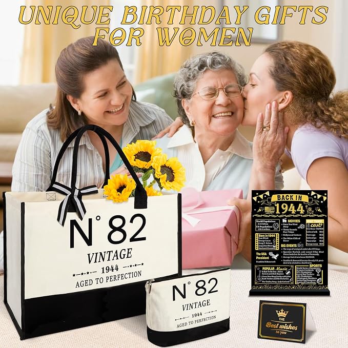 YeohJoy 82nd Birthday Gifts for Women Canvas Tote Bag Travel Gear, Unique 82 Years Old Gifts for Wife Mom Sister Aunt Friends Her, Vintage N°82 Handbag & Cosmetic Bag & Back in 1944 Poster