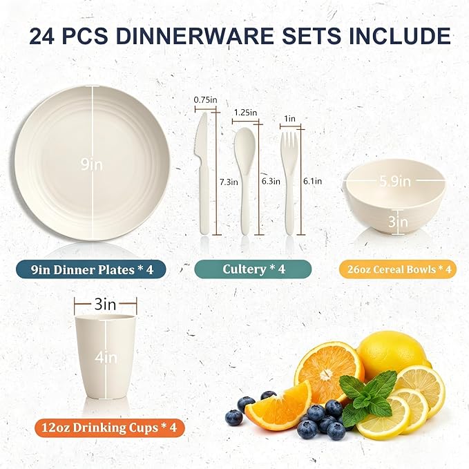 Dish Set for 4, Wheat Straw Dinnerware Sets 24 Piece, Unbreakable Bowls and Plates Set, Plastic Plates Reusable, Microwave and Dishwahser Safe Dining Set for Apartment, RV, Picnic - Beige
