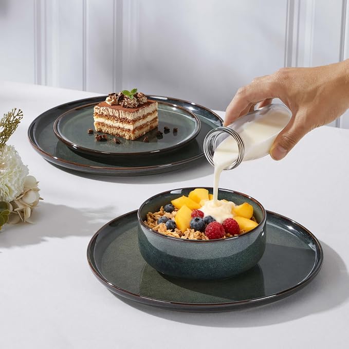 Herogo 18 Pieces Stoneware Dinnerware Set Service for 6, Dinner Plates and Bowls Sets, Double Reactive Glaze Dishes Set for Kitchen, Scratch Resistant, Microwave & Dishwasher Safe, Moss Green