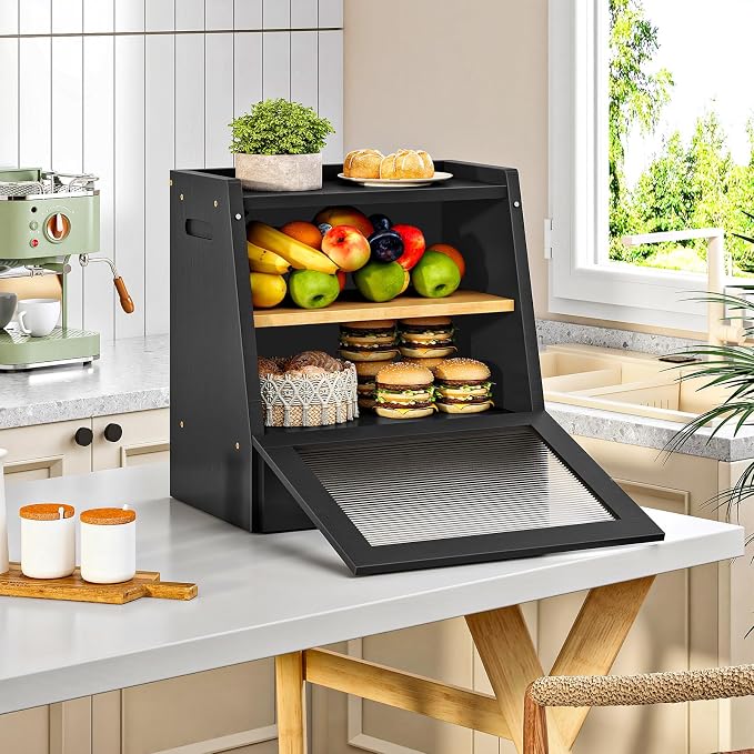 HOOBRO Bread Box, Bamboo Bread Box for Kitchen Countertop, 2-Tier Bread Storage Container with Drawer, Bamboo Food Cabinet with Acrylic Door, for Kitchen, Dining Room, Black BK21MB01