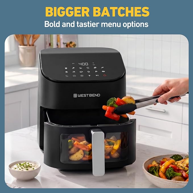West Bend Digital Air Fryer 7 Qt with One-Touch Presets, Shake Reminder for Even Cooking, Fast 1600W Heating, Nonstick Easy-Clean Basket, in Black/Silver