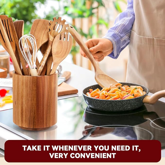 SiliFine 11 Pcs Wooden Kitchen Utensils Set with 360° Straight Rotating Holder Acacia Wood Cooking Utensils with Cooking Spoons Spatulas Nonstick Cookware Countertop Kitchen Decorations(Natural)