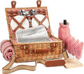 Wicker Picnic Basket Set for 4 Person with Cooler Compartment and Waterproof Picnic Blanket,Removable Strap,Wine Bag,Cutlery Set,for Camping,Day Travel,Beach,Hiking,BBQ and Family/Couples Gifts (Red)