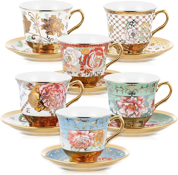Teenyyou Set of 6 Tea Cups and Saucers Tea Party Decorations Floral Porcelain 5.4 oz British Gift for Women Birthday Party, Church, and Mother's Day (Stylish Style)