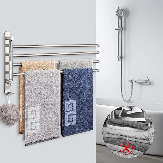 NearMoon Swivel Towel Rack, 19.5" Thicken 304 Stainless Steel 4-Arm Towel Bar, Space Saving Wall Mounted Towel Holder with Hook, Rustproof Swing Out Towel Hanger for Bathroom, Kitchen (Brushed Nickel)