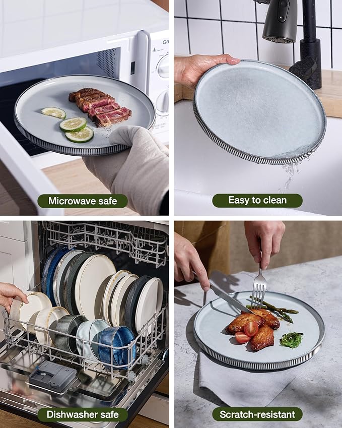 Famiware Star 18-Piece Reactive Glaze Plates and Bowls Sets, Service for 6 - Stoneware Dinnerware with Trim, Modern Rustic Dishes, Chip & Scratch Resistant, Microwave & Dishwasher Safe, Smoky Blue