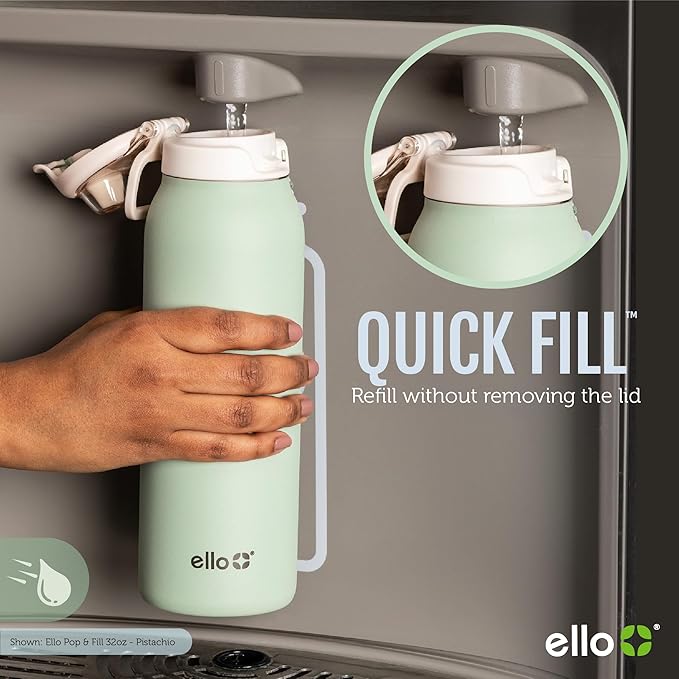 Ello Pop & Fill 22oz Stainless Steel Water Bottle with QuickFill Technology, Double Walled and Vacuum Insulated Metal, Leak Proof Locking Lid, Straw and Chug, Reusable, BPA Free, Blossom Bliss
