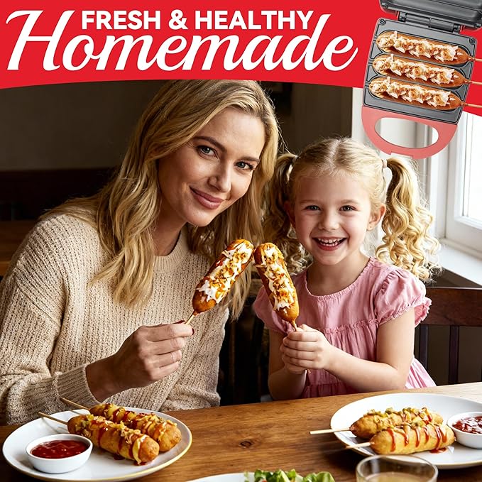 SugarWhisk Electric Corn Dog Maker, Fryer for 3 Mini Corn Dogs on Stick, Cheese Mozzarella Sticks & Treats, Corndog Maker Machine, Hot Dog Machine, Brush Included, Red