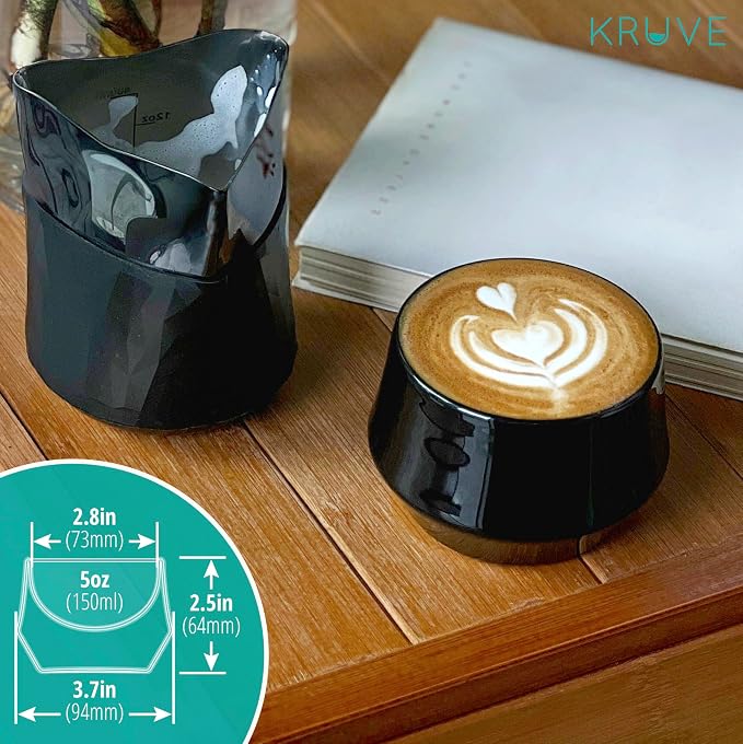 KRUVE IMAGINE Porcelain Latte Coffee Cups, Double Walled Latte Cups, Glass Cups Set of Two - 5oz Thermal Spherical Design for Latte Art, Insulated Coffee Mugs for Heat Retention (Black)