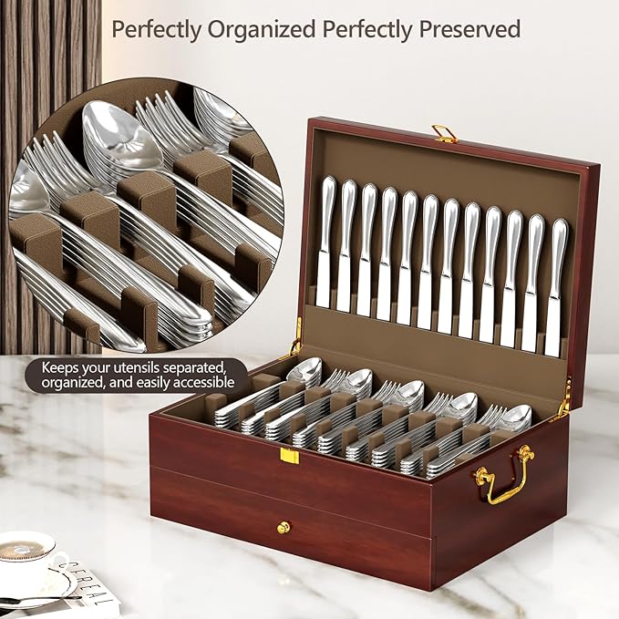 Solid Walnut Silverware Storage Box, 2-Layer Silverware Chest with Drawer, Flatware Case with Lid and Felt Lined, Wood Flatware Storage Box Holds 12-16 Sets of Utensils, Wedding Housewarming Gifts