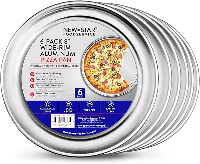 New Star Foodservice Restaurant-Grade Aluminum Pizza Pan/Tray, Wide Rim, 8 Inch, Pack of 6
