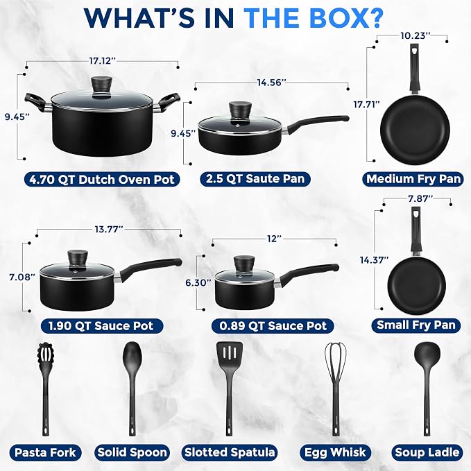 SereneLife Kitchenware Pots & Pans Basic Kitchen Cookware, Black Non-Stick Coating Inside, Heat Resistant Lacquer (15-Piece Set), One Size