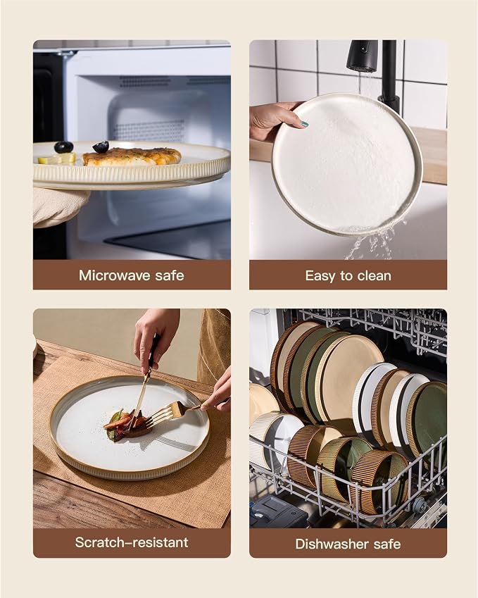 Stoneware Plates and Bowls Dishes Sets for 6 (18-Piece), Famiware Premium Handcrafted Reactive Glaze Dinnerware Set with Raised Rim, Scratch Resistant, Microwave Dishwasher Safe, Cappuccino White