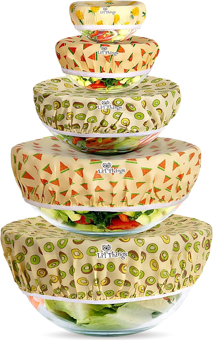 Beeswax Bowl Covers Set of 5 (XS–XL) – Reusable Elastic Food Covers for Bowls – Organic Cotton with Beeswax, Washable & Plastic-Free | Li’l Things- Fruity Fruit