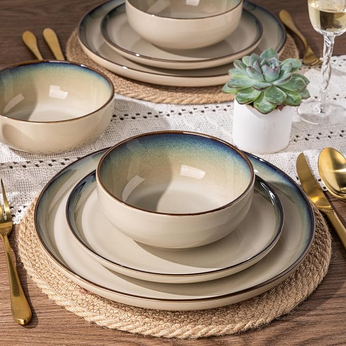 GBHOME 32 Pieces Stoneware Double Bowls Dinnerware Sets for 8, Ceramic Plates and Bowls Set with Reactive Glaze, Scratch Resistant Dishes Set, Dishwasher & Microwave Safe