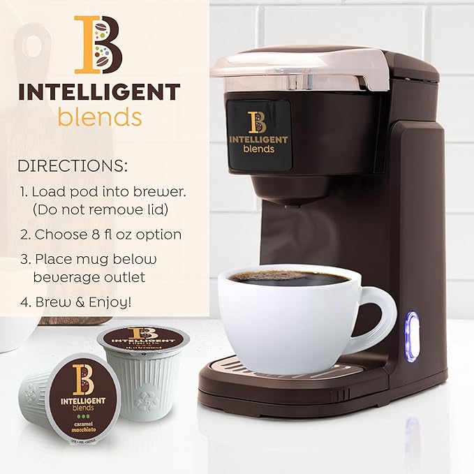 Intelligent Blends Caramel Macchiato Flavored Coffee Pods, 100 ct, Medium Roast Single Serve Pods – 100% Arabica Coffee, Compatible with Keurig K Cups Maker
